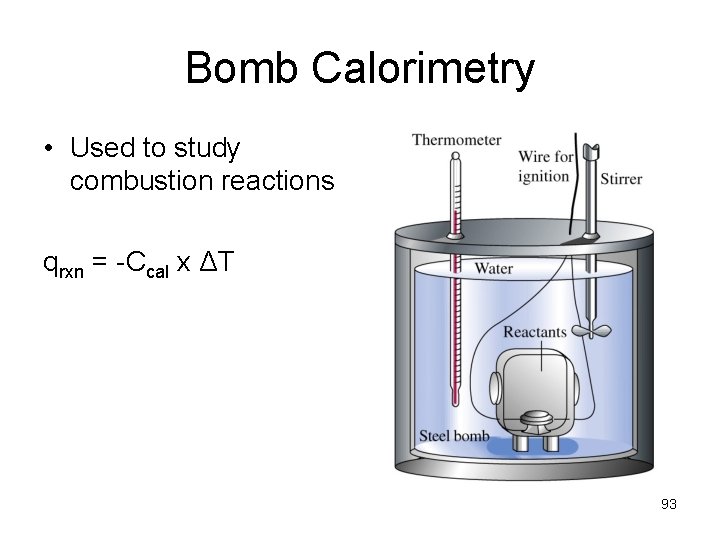 Bomb Calorimetry • Used to study combustion reactions qrxn = -Ccal x ΔT 93