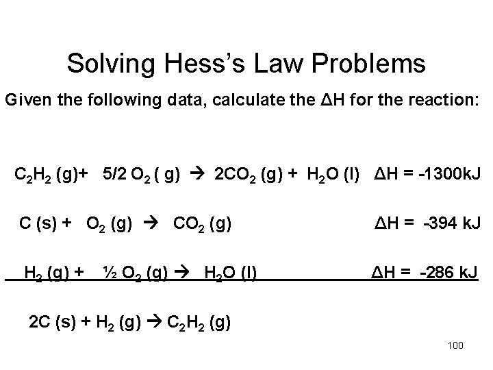Solving Hess’s Law Problems Given the following data, calculate the ΔH for the reaction: