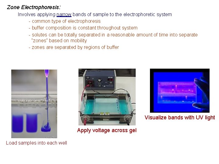 Zone Electrophoresis: Involves applying narrow bands of sample to the electrophoretic system - common