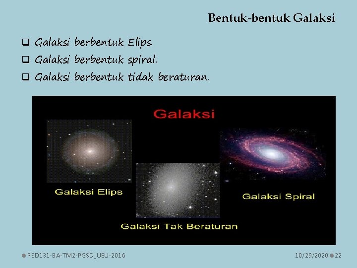 Bentuk-bentuk Galaksi q Galaksi berbentuk Elips. q Galaksi berbentuk spiral. q Galaksi berbentuk tidak