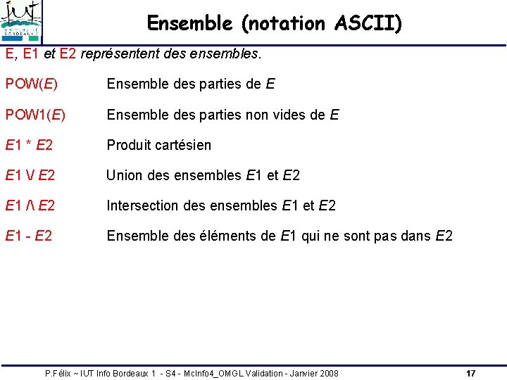 Ensemble (notation ASCII) E, E 1 et E 2 représentent des ensembles. POW(E) Ensemble Ensemble (notation ASCII) E, E 1 et E 2 représentent des ensembles. POW(E) Ensemble