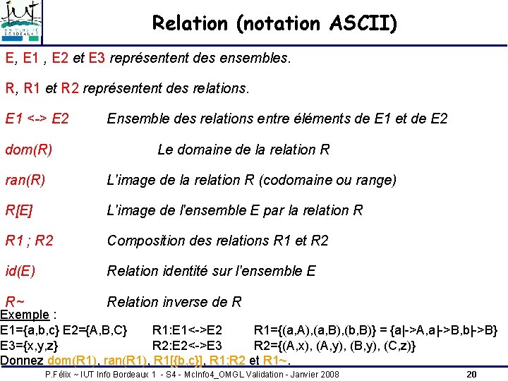 Relation (notation ASCII) E, E 1 , E 2 et E 3 représentent des Relation (notation ASCII) E, E 1 , E 2 et E 3 représentent des