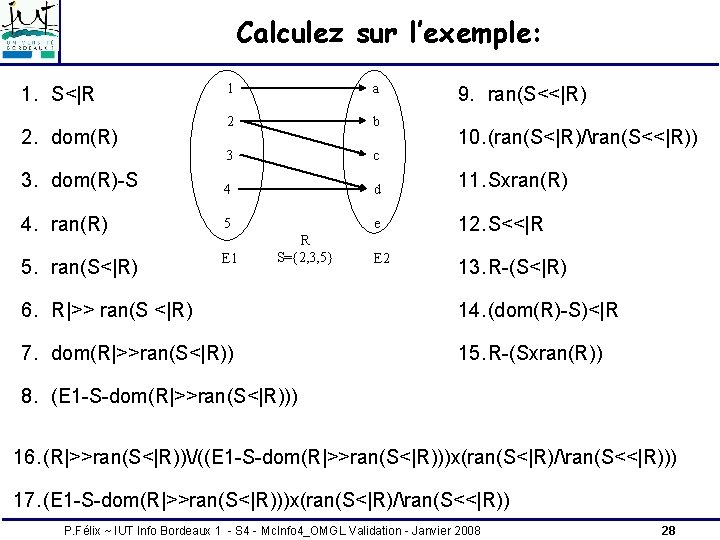 Calculez sur l’exemple: 1 a 2 b 3 c 3. dom(R)-S 4 d 11. Calculez sur l’exemple: 1 a 2 b 3 c 3. dom(R)-S 4 d 11.