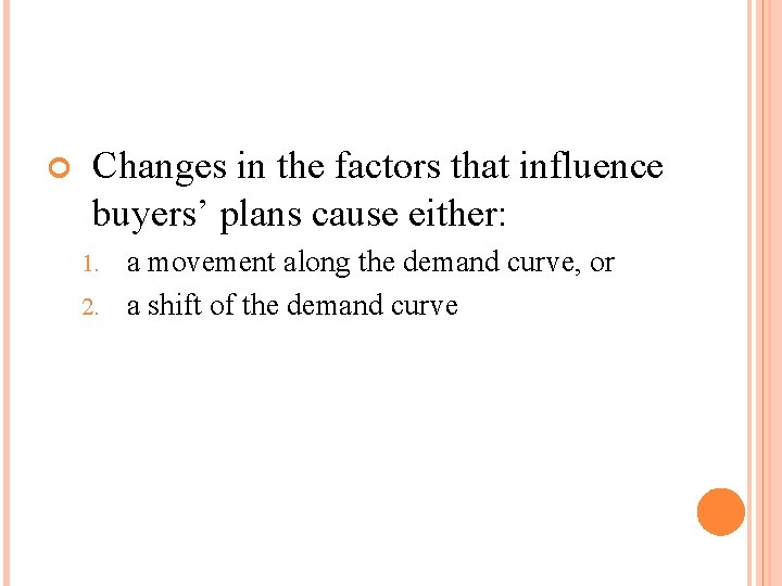  Changes in the factors that influence buyers’ plans cause either: a movement along