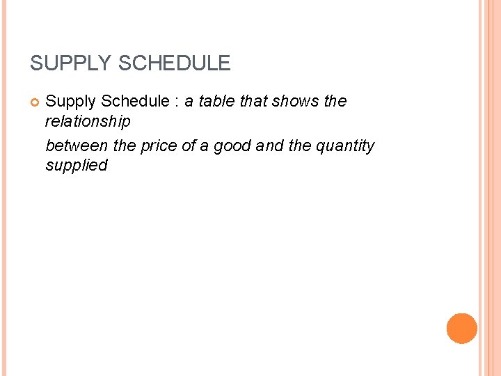 SUPPLY SCHEDULE Supply Schedule : a table that shows the relationship between the price