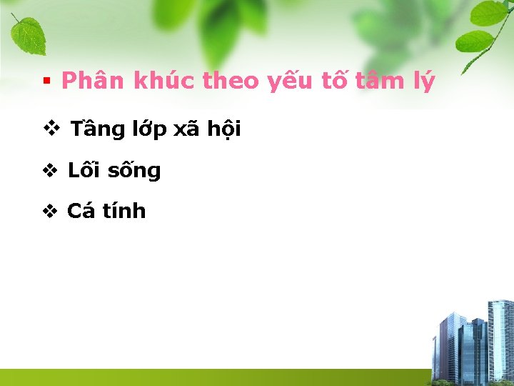 § Phân khúc theo yếu tố tâm lý v Tầng lớp xã hội v