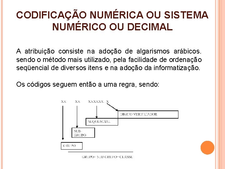 CODIFICAÇÃO NUMÉRICA OU SISTEMA NUMÉRICO OU DECIMAL A atribuição consiste na adoção de algarismos