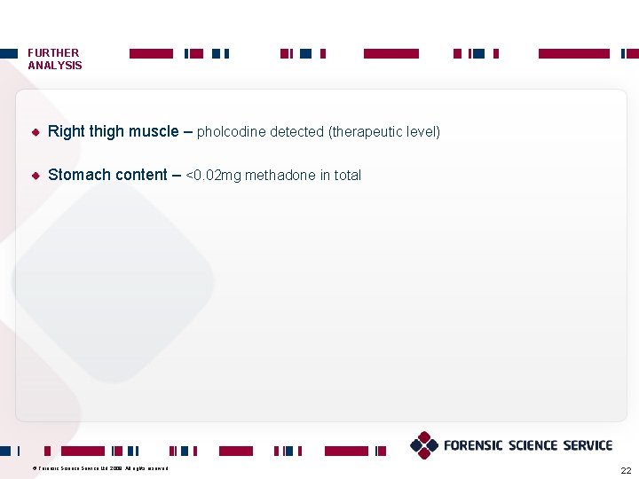 FURTHER ANALYSIS Right thigh muscle – pholcodine detected (therapeutic level) Stomach content – <0. FURTHER ANALYSIS Right thigh muscle – pholcodine detected (therapeutic level) Stomach content – <0.