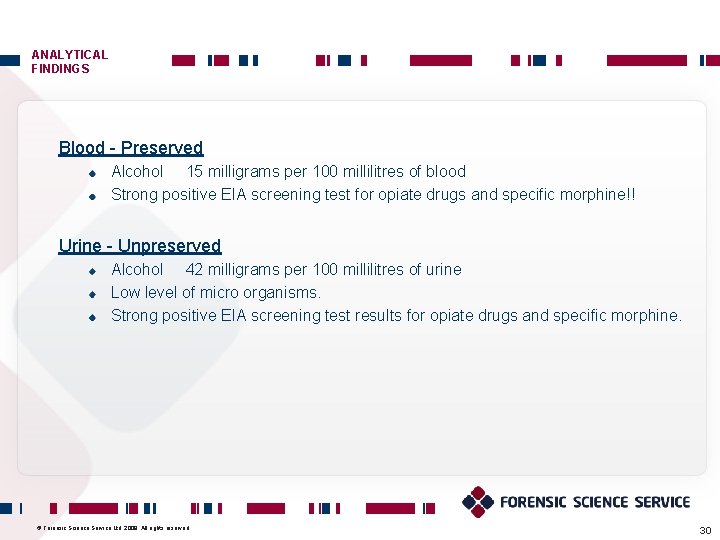 ANALYTICAL FINDINGS Blood - Preserved Alcohol 15 milligrams per 100 millilitres of blood Strong ANALYTICAL FINDINGS Blood - Preserved Alcohol 15 milligrams per 100 millilitres of blood Strong