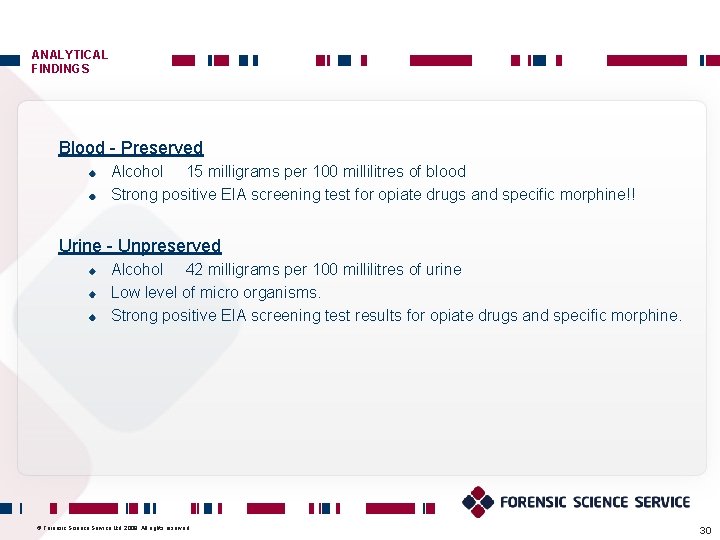 ANALYTICAL FINDINGS Blood - Preserved Alcohol 15 milligrams per 100 millilitres of blood Strong
