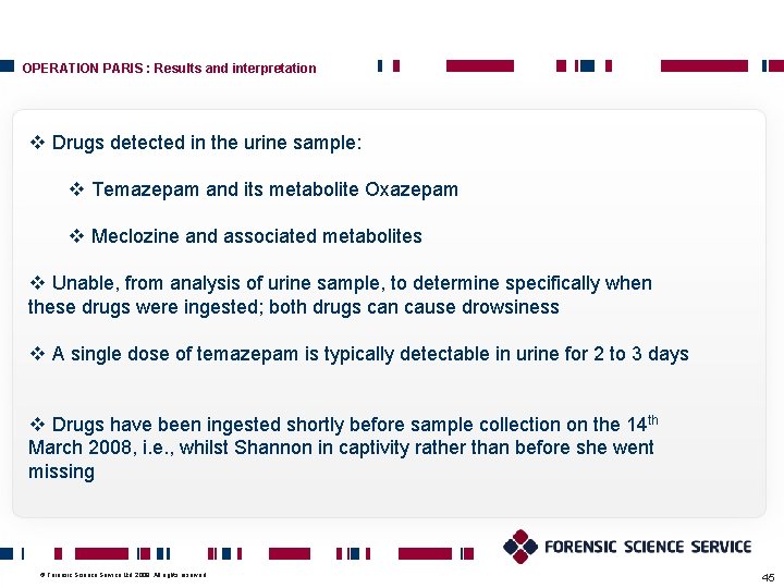 OPERATION PARIS : Results and interpretation v Drugs detected in the urine sample: v
