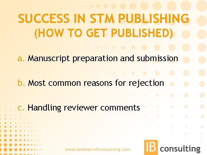 SUCCESS IN STM PUBLISHING (HOW TO GET PUBLISHED) a. Manuscript preparation and submission b.