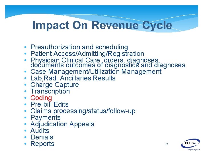 Impact On Revenue Cycle • Preauthorization and scheduling • Patient Access/Admitting/Registration • Physician Clinical