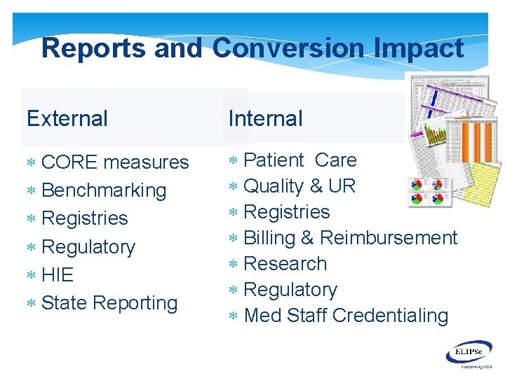Reports and Conversion Impact External Internal CORE measures Benchmarking Registries Regulatory HIE State Reporting