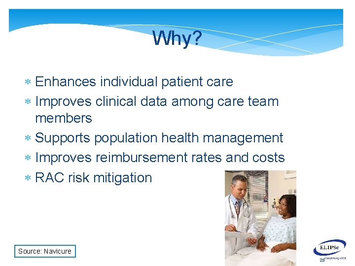 Why? Enhances individual patient care Improves clinical data among care team members Supports population