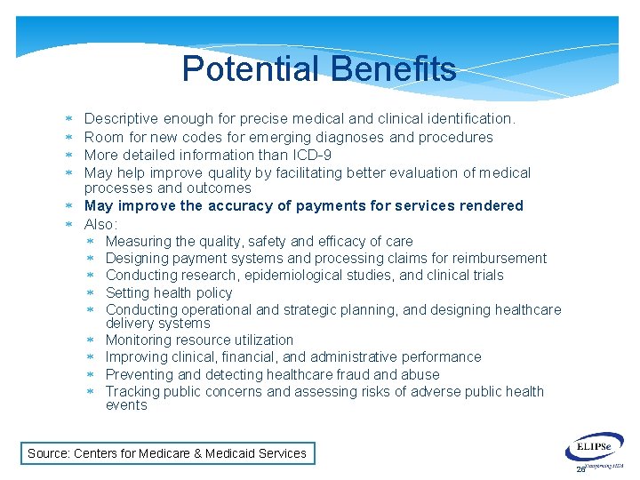 Potential Benefits Descriptive enough for precise medical and clinical identification. Room for new codes