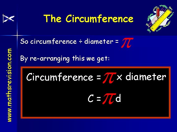 The Circumference www. mathsrevision. com So circumference ÷ diameter = 3. 1415926535 By re-arranging