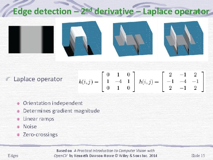 Edge detection – 2 nd derivative – Laplace operator Orientation independent Determines gradient magnitude