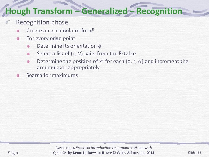 Hough Transform – Generalized – Recognition phase Create an accumulator for x. R For