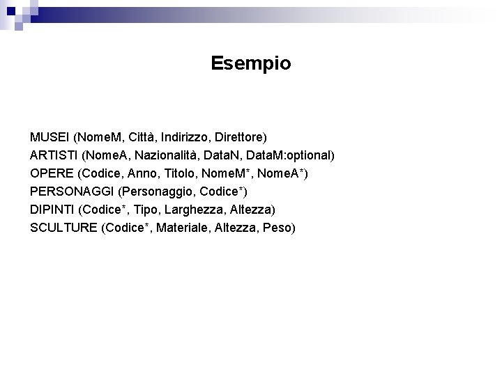 Esempio MUSEI (Nome. M, Città, Indirizzo, Direttore) ARTISTI (Nome. A, Nazionalità, Data. N, Data. Esempio MUSEI (Nome. M, Città, Indirizzo, Direttore) ARTISTI (Nome. A, Nazionalità, Data. N, Data.