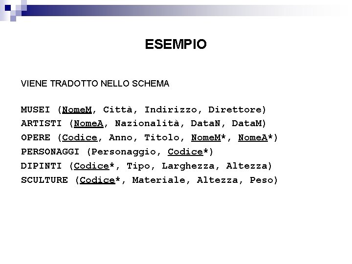 ESEMPIO VIENE TRADOTTO NELLO SCHEMA MUSEI (Nome. M, Città, Indirizzo, Direttore) ARTISTI (Nome. A,