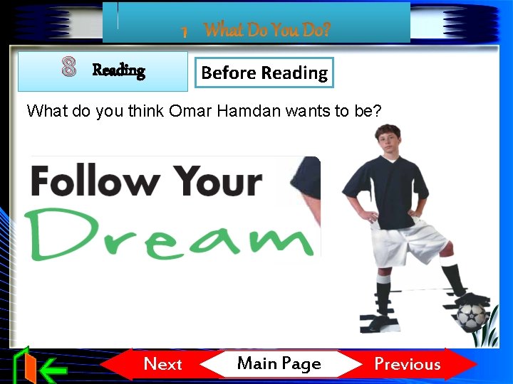 8 Reading Before Reading What do you think Omar Hamdan wants to be? Next