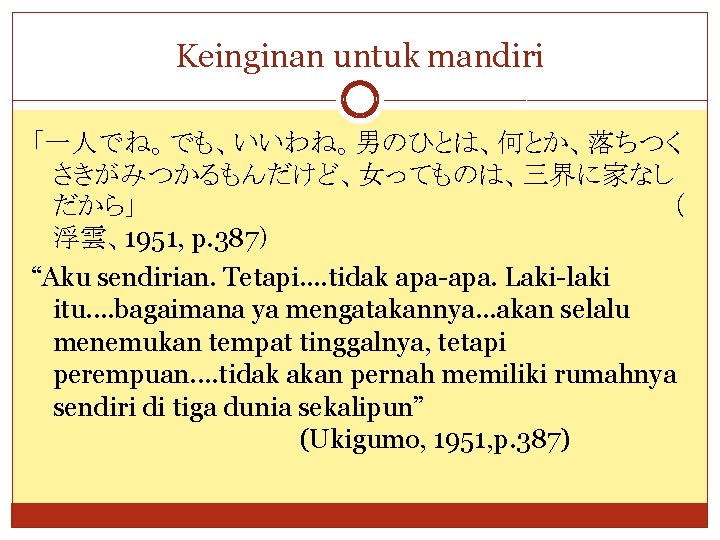 Keinginan untuk mandiri 「一人でね。でも、いいわね。男のひとは、何とか、落ちつく さきがみつかるもんだけど、女ってものは、三界に家なし だから」 （ 浮雲、1951, p. 387） “Aku sendirian. Tetapi. .