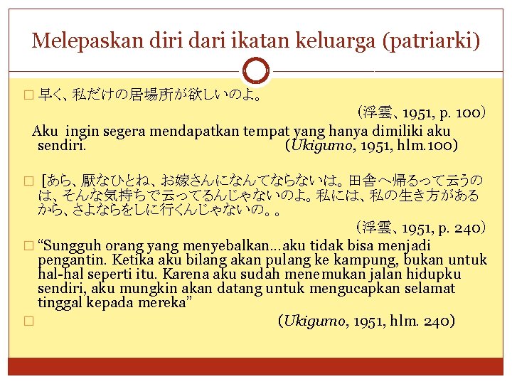 Melepaskan diri dari ikatan keluarga (patriarki) � 早く、私だけの居場所が欲しいのよ。 （浮雲、1951, p. 100） 　Aku ingin segera