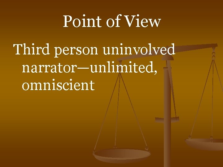 Point of View Third person uninvolved narrator—unlimited, omniscient 