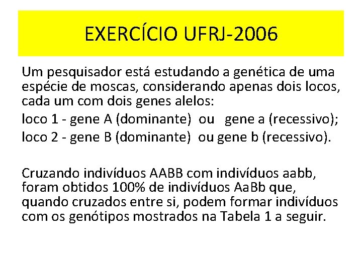 EXERCÍCIO UFRJ-2006 Um pesquisador está estudando a genética de uma espécie de moscas, considerando