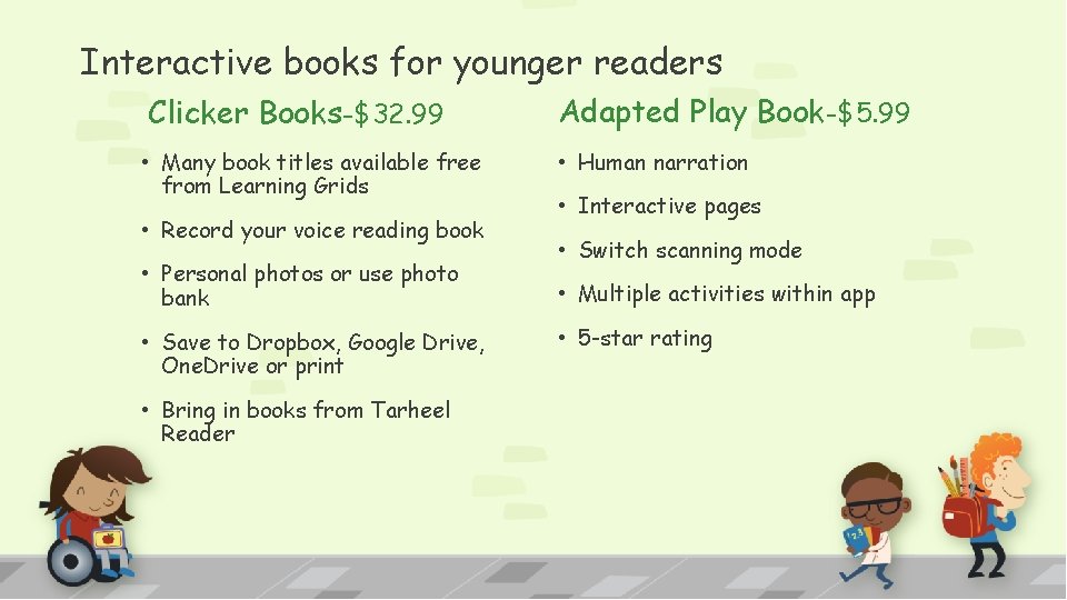 Interactive books for younger readers Clicker Books-$32. 99 Adapted Play Book-$5. 99 • Many