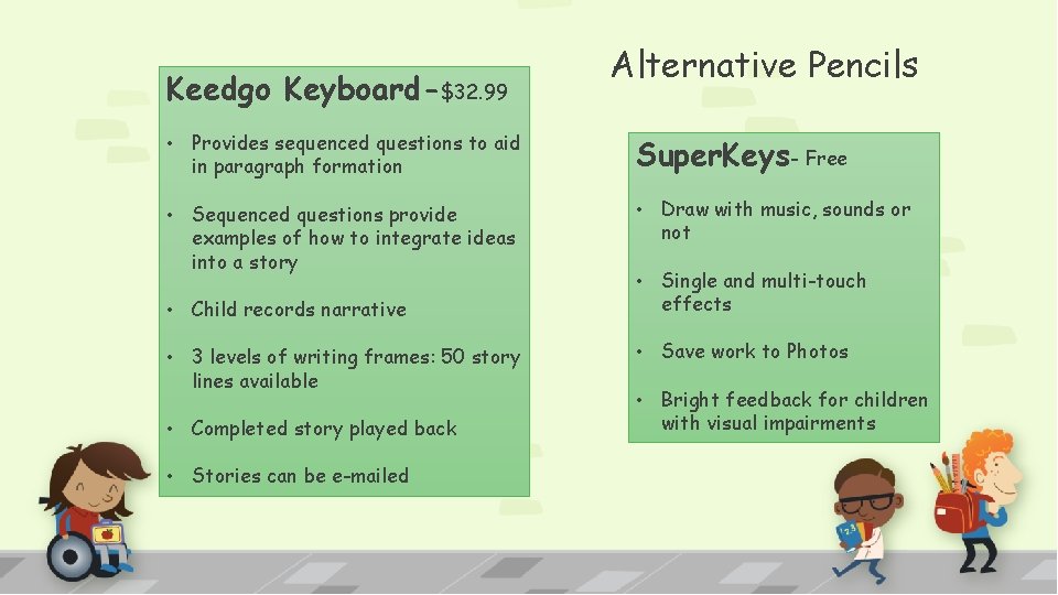 Keedgo Keyboard-$32. 99 Alternative Pencils • Provides sequenced questions to aid in paragraph formation