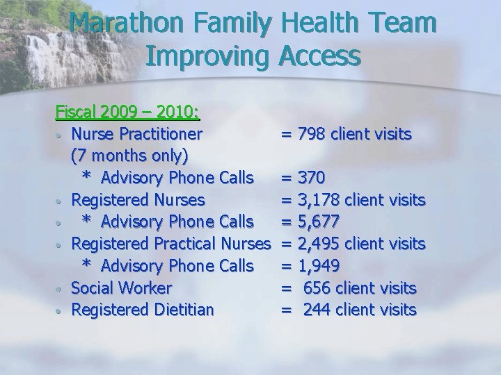 Marathon Family Health Team Improving Access Fiscal 2009 – 2010: • Nurse Practitioner (7