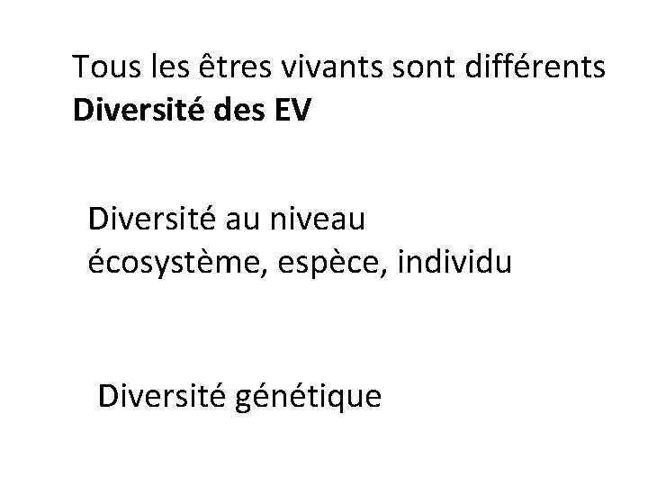 Tous les êtres vivants sont différents Diversité des EV Diversité au niveau écosystème, espèce,