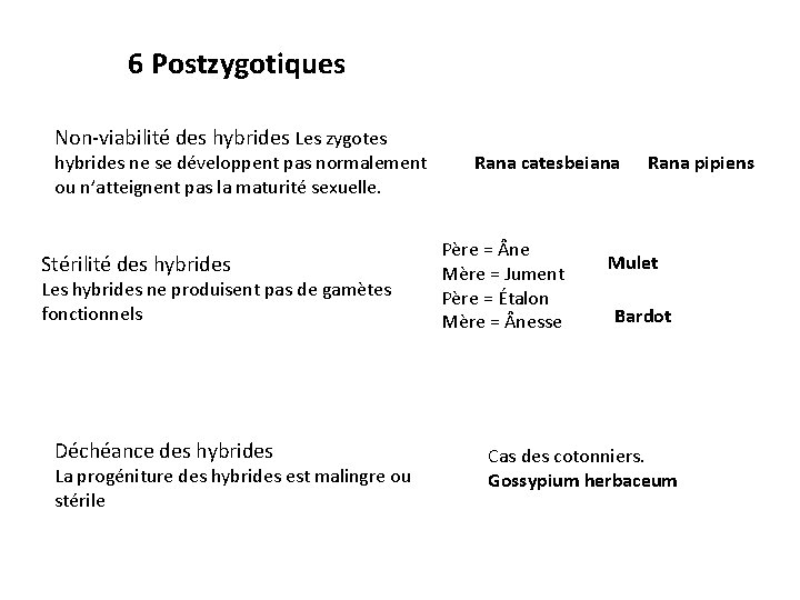 6 Postzygotiques Non-viabilité des hybrides Les zygotes hybrides ne se développent pas normalement ou