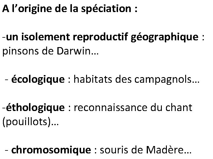 A l’origine de la spéciation : -un isolement reproductif géographique : pinsons de Darwin…