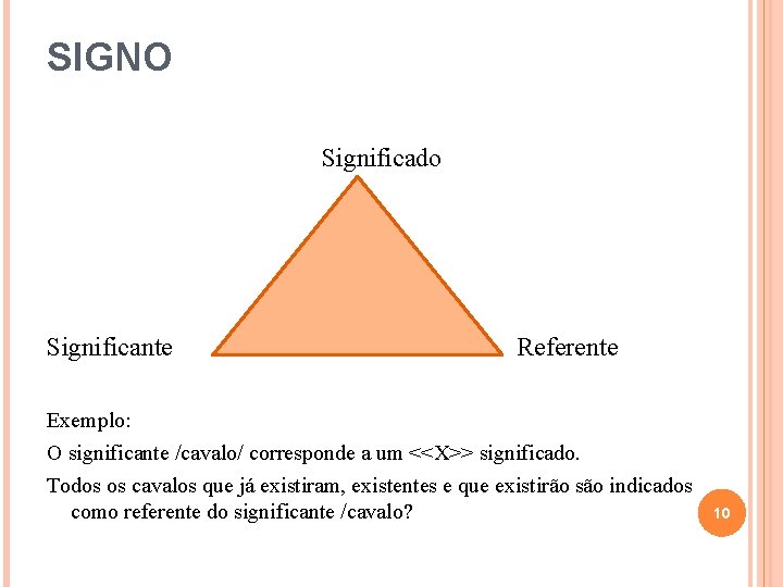 SIGNO Significado Significante Referente Exemplo: O significante /cavalo/ corresponde a um <<X>> significado. Todos SIGNO Significado Significante Referente Exemplo: O significante /cavalo/ corresponde a um <<X>> significado. Todos