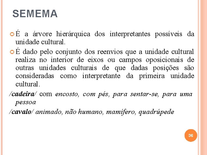 SEMEMA É a árvore hierárquica dos interpretantes possíveis da unidade cultural. É dado pelo SEMEMA É a árvore hierárquica dos interpretantes possíveis da unidade cultural. É dado pelo
