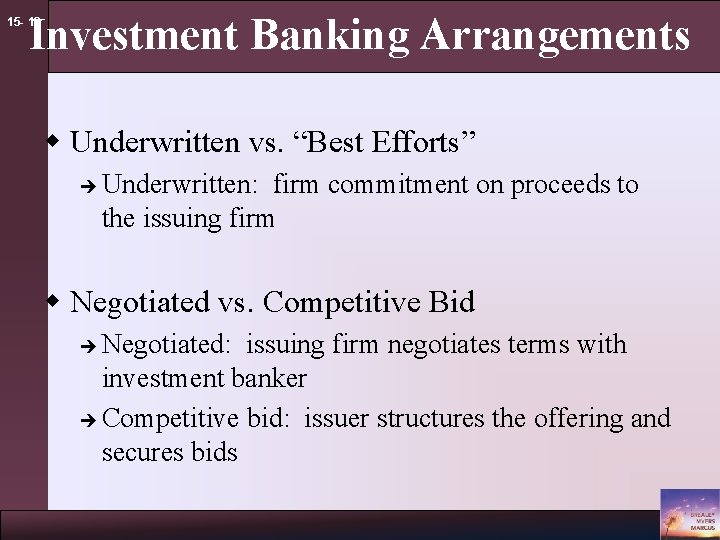 Investment Banking Arrangements 15 - 13 w Underwritten vs. “Best Efforts” è Underwritten: firm