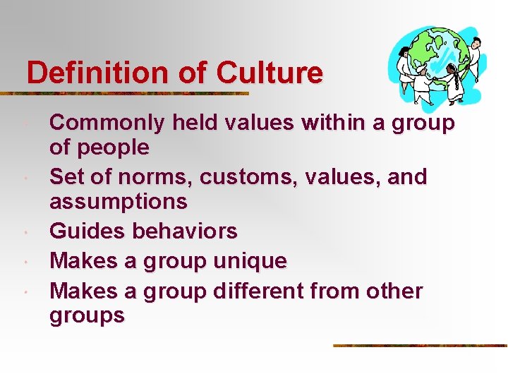 Definition of Culture Commonly held values within a group of people Set of norms,