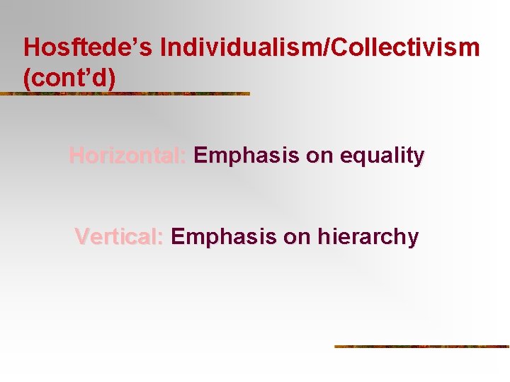 Hosftede’s Individualism/Collectivism (cont’d) Horizontal: Emphasis on equality Vertical: Emphasis on hierarchy 