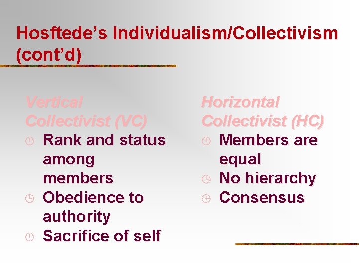 Hosftede’s Individualism/Collectivism (cont’d) Vertical Collectivist (VC) ¹ Rank and status among members ¹ Obedience