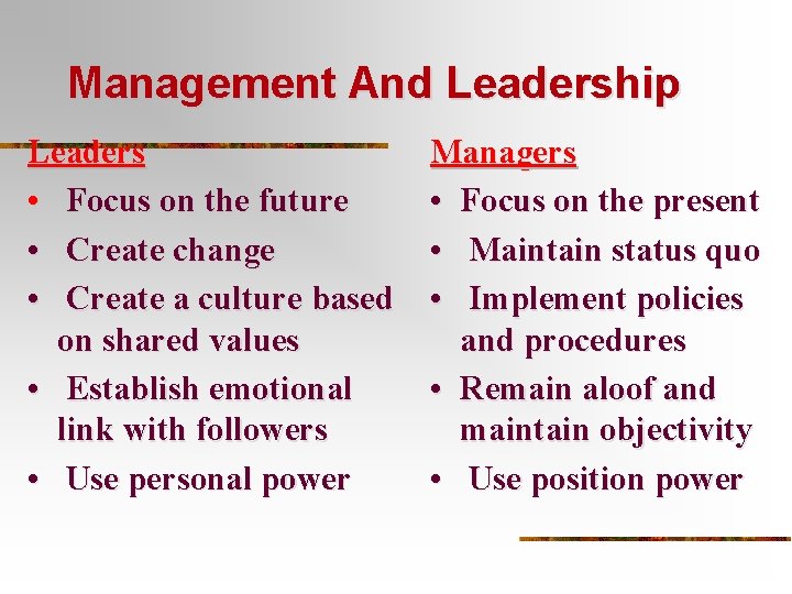 Management And Leadership Leaders • Focus on the future • Create change • Create