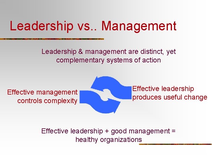 Leadership vs. . Management Leadership & management are distinct, yet complementary systems of action