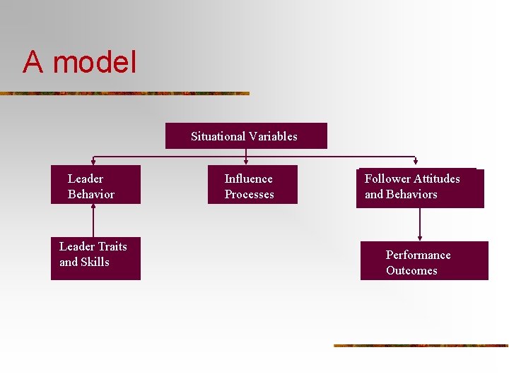 A model Situational Variables Leader Behavior Leader Traits and Skills Influence Processes Follower Attitudes
