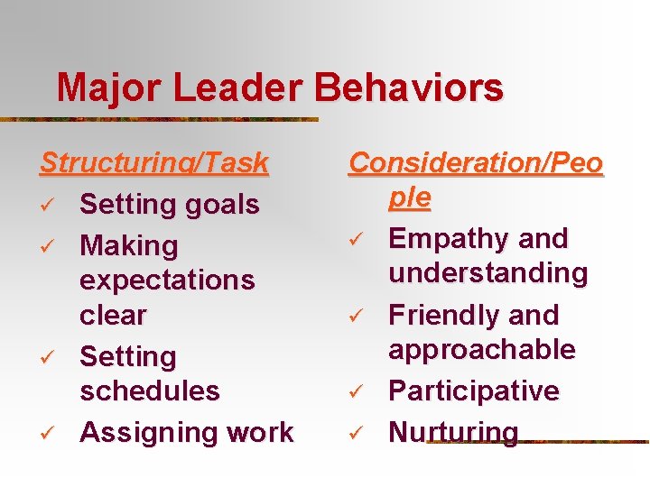 Major Leader Behaviors Structuring/Task ü Setting goals ü Making expectations clear ü Setting schedules