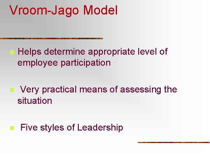 Vroom-Jago Model n Helps determine appropriate level of employee participation n Very practical means