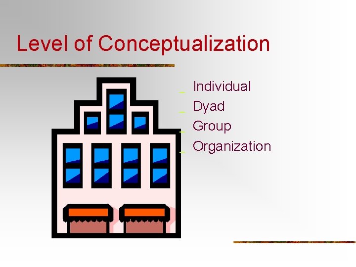 Level of Conceptualization _ _ Individual Dyad Group Organization 