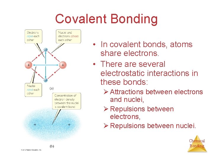 Covalent Bonding • In covalent bonds, atoms share electrons. • There are several electrostatic