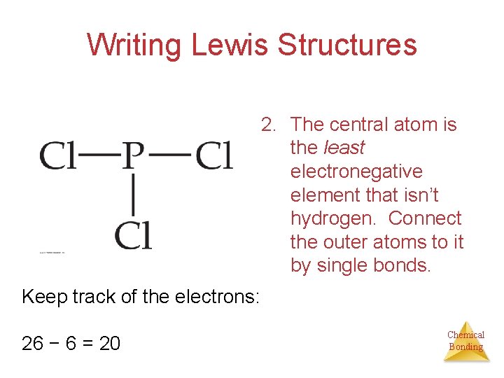 Writing Lewis Structures 2. The central atom is the least electronegative element that isn’t